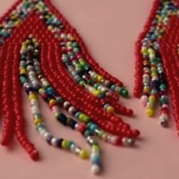 Long 5" Multicolor Red Stripe Handmade Beaded Oversized Bohemian Earrings New - Picture 2 of 4